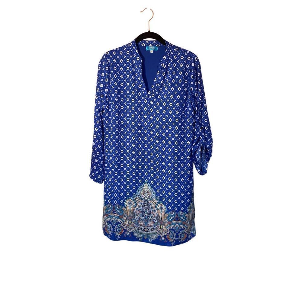 Buttons Woman’s Paisley Print Blue 3/4 Sleeve Shift Dress Size Small